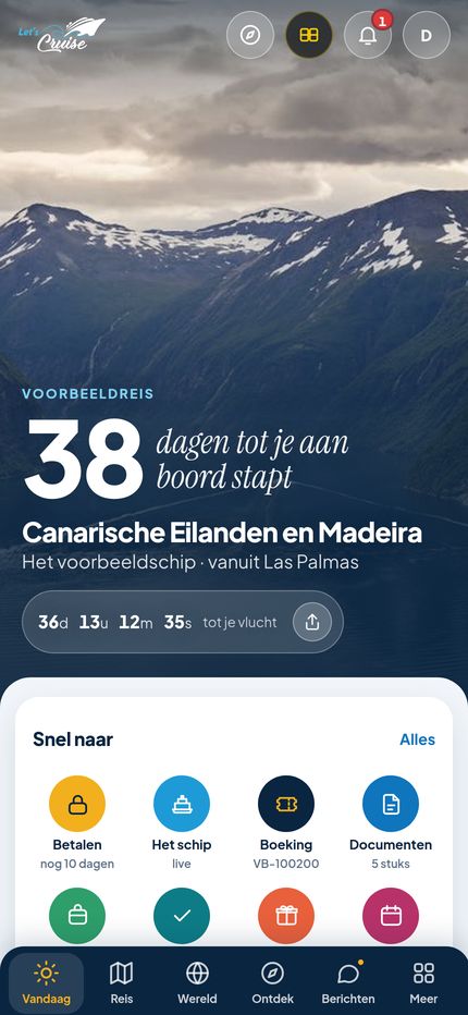 Het startscherm van de app met het aftellen